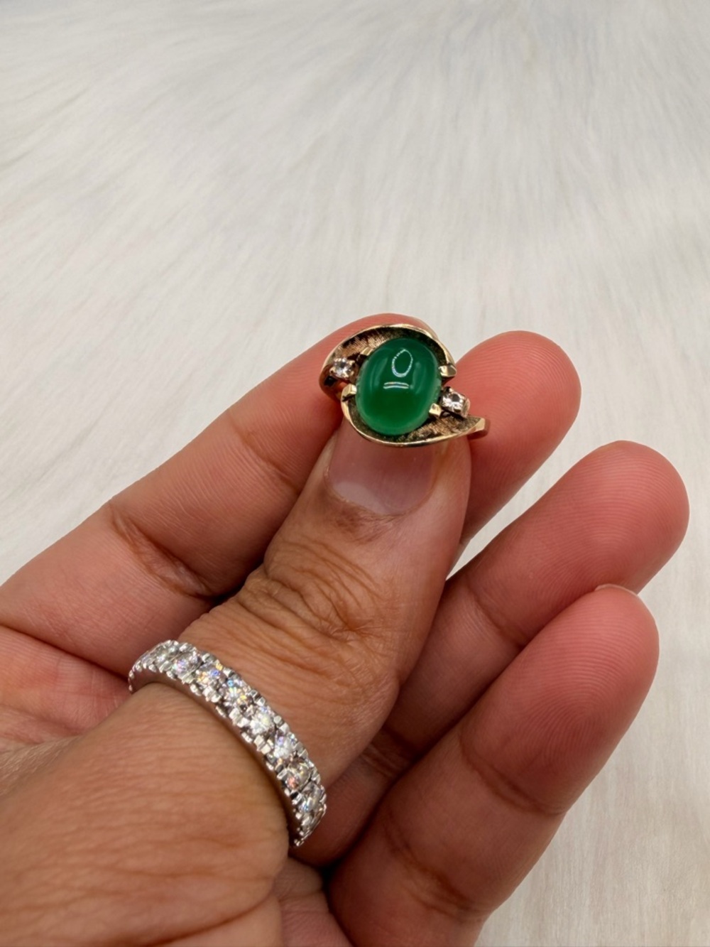 10k Yellow Gold Vintage Cabochon Chrysoprase & Cz Ring Size 5.